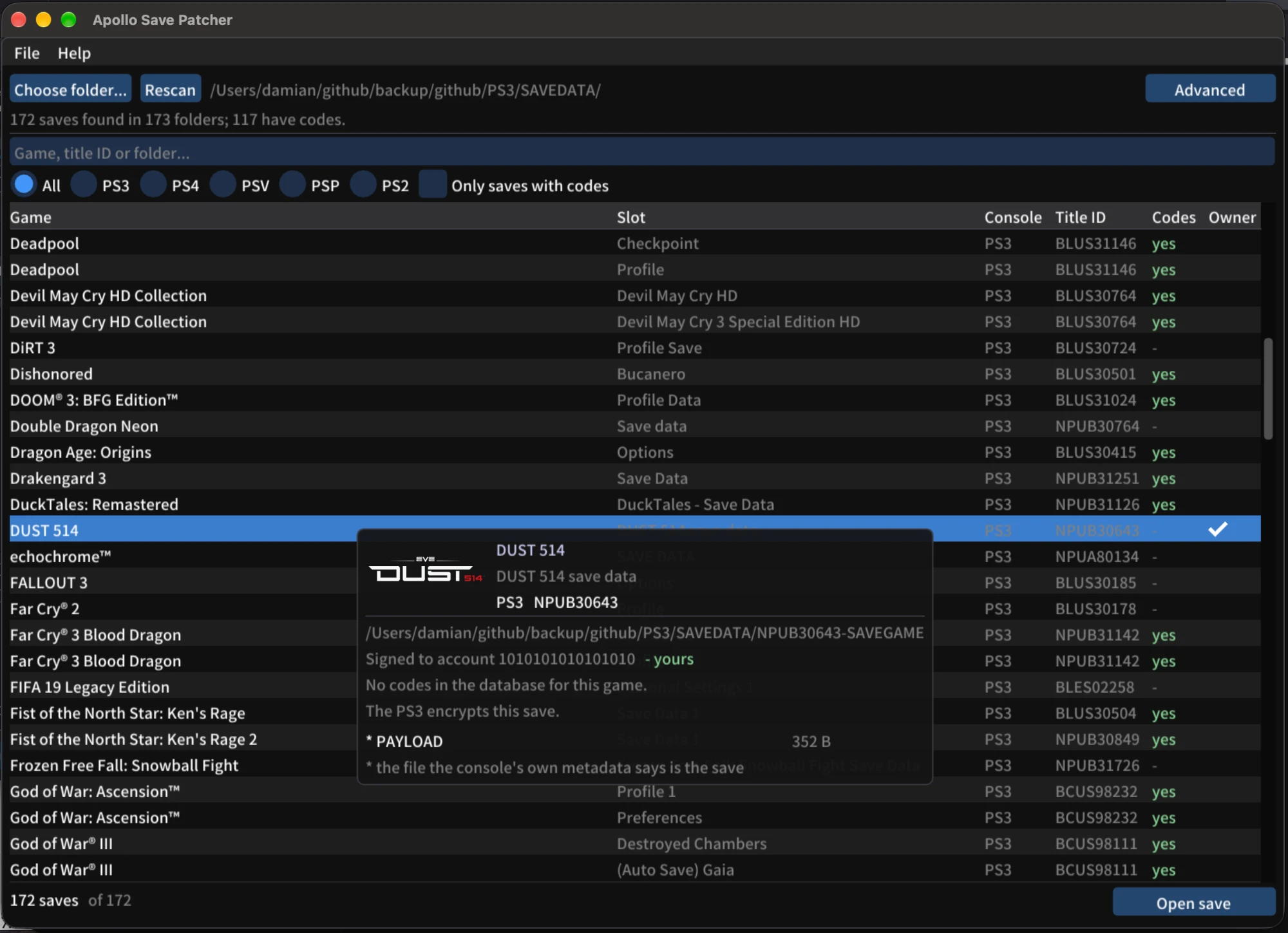 The saves list: PS3 saves by game, with Slot, Console, Title ID, Codes and Owner columns, and a hover panel showing one save's artwork, path, account and target file.